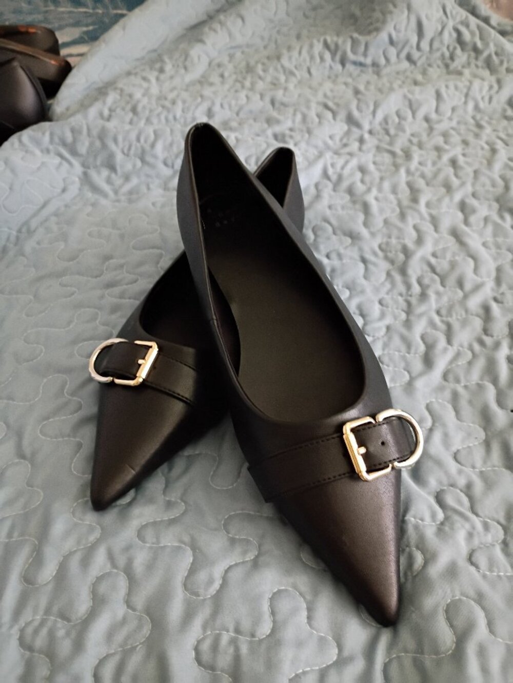 A New Day Women's Size 11 Black Pointed Toe Flats Gold Buckle NWOT